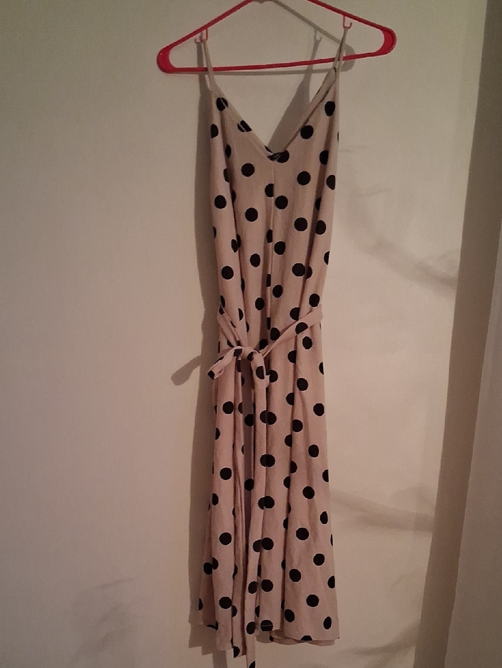 Zara Cream Midi Slip Dress with Black Polka Dots and Tie Waist